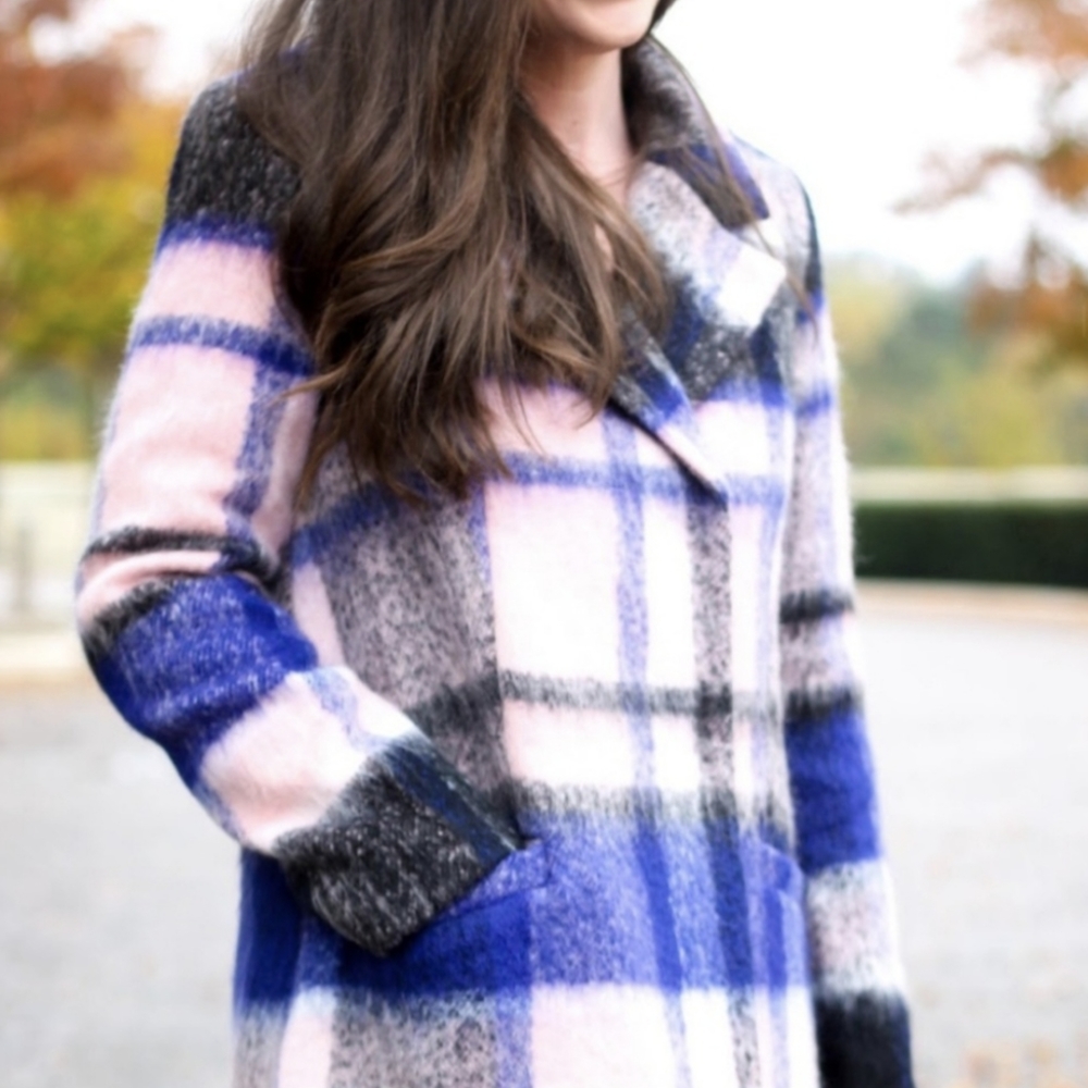 Elle Plaid Mohair Wool Coat Lavender Blush + Royal Cobalt Blue
